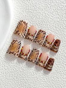 10pcs Kuku Tempel Buatan Tangan Motif Leopard, Set Seni Kuku Polygel, Motif Leopard, Rhinestone Warna-warni, Skema Warna Cokelat & Hitam, Gaya Keren, Termasuk Alat Kuku, Tersedia 3 Ukuran, Bentuk Almond/Bebek/Peti, Cocok Untuk Pesta, Dansa, dan Pemakaian Sehari-hari - MultiWarna - View 12