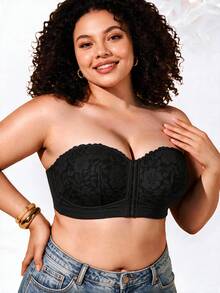 1pc Women's Plus Size Bandeau Bra, Lace Cup, Ruched Design, Front Buckle Invisible Strap Bandeau Bra, Comfortable Lift, Seamless Fit - Black - View 7