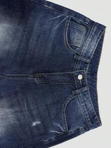 Celana Jeans Wanita Vintage Biru Tua Pudar Pinggang Tinggi Potongan Lebar dengan Efek Sobek, Minimalis Serbaguna Kasual untuk Perjalanan Sehari-hari - Biru - View 5