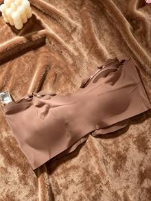 Mocha Front-Clasp Fan-Shaped Bandeau Bra, Upgraded Wide Silicone Anti-Slip Strip, Soft Comfortable Lining, Seamless Wire-Free Women's Lingerie - Coffee Brown - View 5