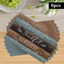 1/4/6pcs Autumn Series Blue & Brown Patchwork Distressed Wood Grain Pattern Printed Placemats, Heat Resistant Table Protector For Home Kitchen, Dining Table, Party Decor - Multicolor - View 14