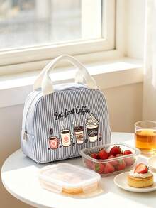 Striped Lunch Bag Featuring Coffee-Themed Patterns And Lettering.Reusable Insulated Lunch Box, Large Capacity Thermal Bag, Comes With Black Utensil Storage Bag, Snack Storage Bag, Multi-Functional Travel Storage Bag, Makeup Bag, Toiletry Bag, Suitable For School, Commuting, Dorm, Picnic, Vacation, Birthday Gift, Halloween Christmas Gift - Multicolor - View 9