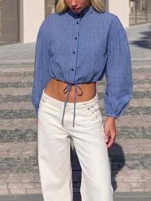 Elegant Casual American Vintage Blue Small Checkered Stand Collar Button-Down Tie Hem Short Lantern Sleeve Blouse - Blue - View 1