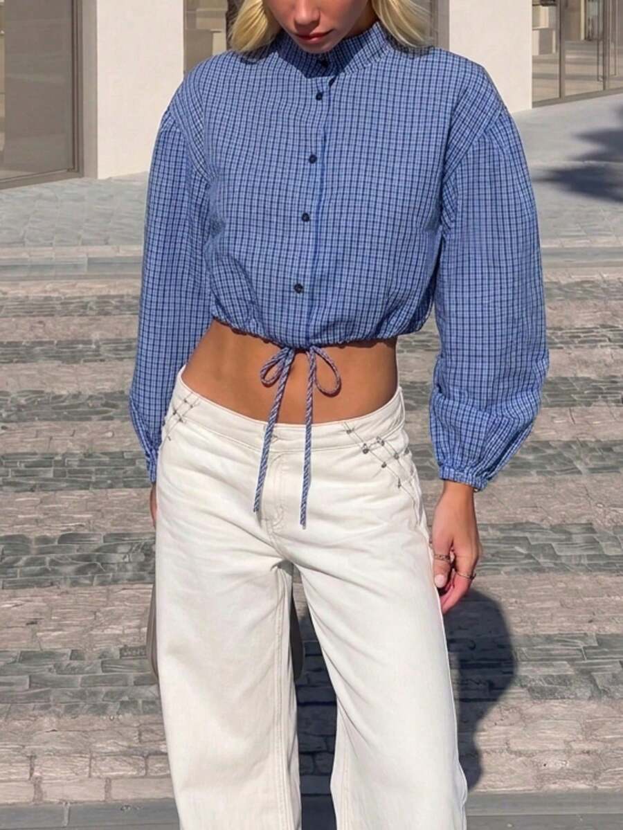 Elegant Casual American Vintage Blue Small Checkered Stand Collar Button-Down Tie Hem Short Lantern Sleeve Blouse - Blue - View 1