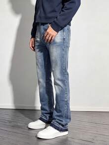 Men's Vintage Light Blue Washed Flared Jeans, Gradient Cat Whisker Faded Thighs Vibe Street Style Versatile Casual Daily Stretch Denim Pants - Blue - View 2