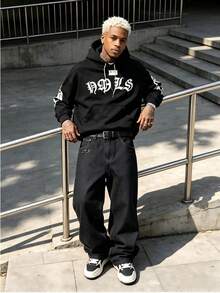 Men's New Embroidered Loose Straight Leg Jeans, Hip Hop Style Denim Pants, Suitable For Men And Boys - Black - View 4