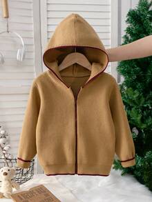 Boys' Hooded Full Zip Long Sleeve Knit Cardigan With Contrast Trim Design, Simple Casual Versatile Knit Jacket Suitable For School Daily Wear In Autumn/Winter - Khaki - View 2