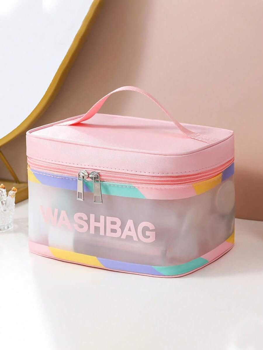 1pc Transparent PU Material Colorful Portable Cosmetic Bag, Large Capacity Travel Toiletry Bag Storage Bag, Suitable For Cosmetics, Toiletries, Fashion And Multi-Function, Cute Gift For Women Makeup Travel Toiletries Storage Bag - Multicolor - View 1