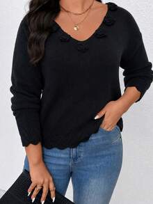 Autumn/Winter 3D Floral V-Neck Knitted Sweater Top - Black - View 1