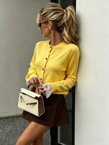 Women's Fashion Elegant Versatile Solid Color Lace Patchwork Round Neck Long Sleeve Casual Cardigan - Yellow - View 3