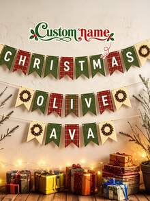 Custom Christmas Wreath Name Banner, Personalized Red Green Plaid Holiday Bunting, Festive Party Wall Decor, Customized Christmas Garland For Home Celebration, Customizable Name Hanging Banner, Holiday Decoration, Christmas Gift Decor, Room Decor - Multicolor - View 1