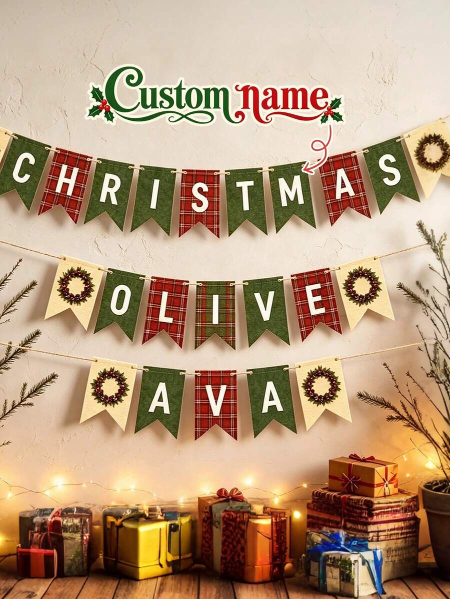 Custom Christmas Wreath Name Banner, Personalized Red Green Plaid Holiday Bunting, Festive Party Wall Decor, Customized Christmas Garland For Home Celebration, Customizable Name Hanging Banner, Holiday Decoration, Christmas Gift Decor, Room Decor - Multicolor - View 1