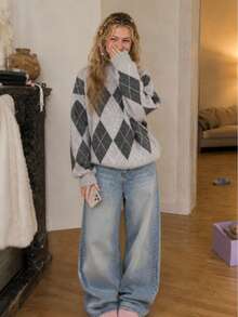 Sweater Pullover Leher Bulat Motif Berlian Berbulu Minimalis Kasual Musim Dingin Wanita untuk Musim Gugur - Grey - View 4