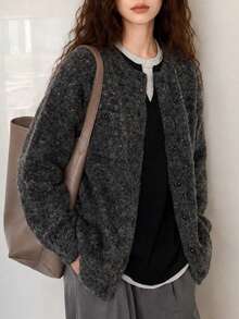 Women's Autumn/Winter Minimalist Lazy Casual Loose Round Neck Cardigan Jacket - Dark Grey - View 3
