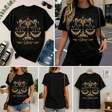 Libra Zodiac Sign T-Shirt - Black With Gold Scale Design For Casual Wear And Outdoor Activities - Black - View 2