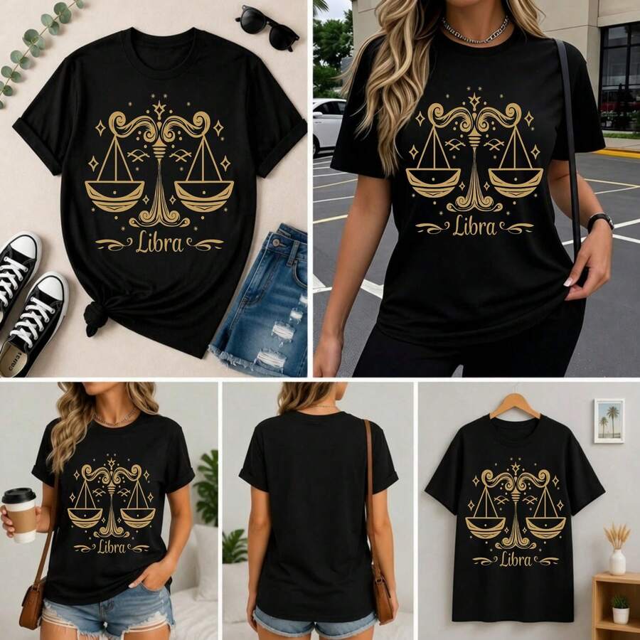 Libra Zodiac Sign T-Shirt - Black With Gold Scale Design For Casual Wear And Outdoor Activities