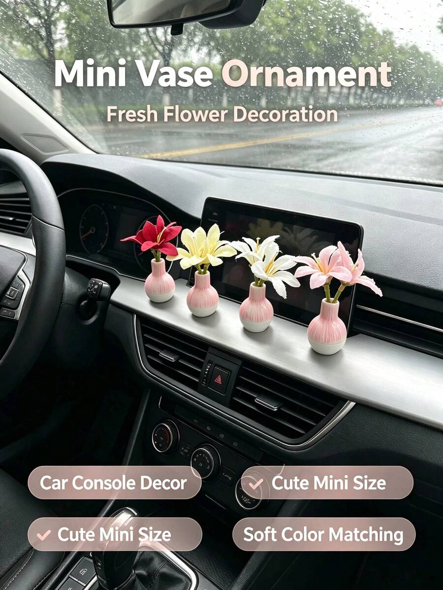 Small Flower Vase Car Ornament, Artificial Flower Car Interior Dashboard Decoration, Fresh Creative Car Interior Desktop Accessory, Mini Artificial Flower Car Interior Ornament, Small Flower Vase Dashboard Decoration, Healing Car Interior Desktop Decor Item - Lily Vase - View 1