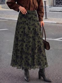 Yepolly-Pop Women's Elegant Black Chiffon Midi Skirt, Pleated Flared A-Line Skirt, Suitable For Office, Daily Wear, Party, Date, Vacation, - Green - View 5