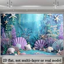 2D Flat Banner Mermaid Ocean Theme Photography Backdrop - Purple And Blue, Starfish And Shell Pattern, Suitable For Birthday Party And Photo Booth, Multi-Functional Polyester Decoration - Multicolor - View 5