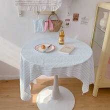 1pc Korean Style Light Blue Striped & Polka Dot Square Tablecloth, Fresh Blue & White Fabric Round Table Cover, Home Use Ins Style Afternoon Tea Dining Table Cloth - Baby Blue - View 7