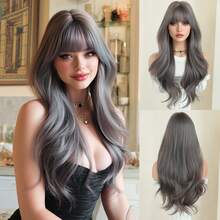 7JHH WIGS Loose Long Wave Curly Wigs For Women 26 Inch Air Bangs Wavy Wig Heat-Resistant Synthetic Fluffy For Daily Wear, Music Festival Party Use( Dusty Purple, Blac-Brown ) - Multicolor - View 11