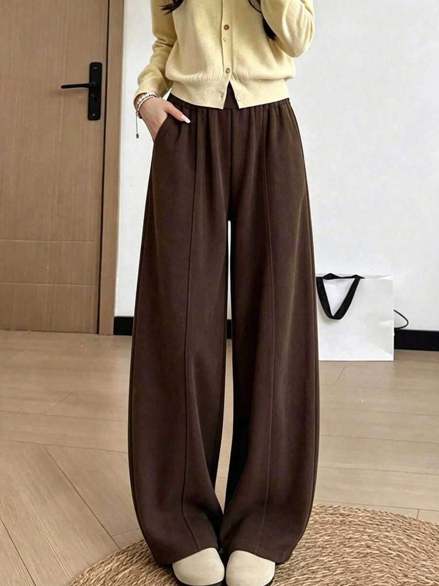 8-12 Years Old Girls Dark Brown Corduroy Wide Leg Pants, Elastic Waist With Center Seam, Drapey Ribbed Floor-Length Loose Casual Trousers - Brown - View 1