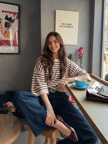 女款新款秋季拼色條紋針織上衣，休閒日常通勤學院風 - 奶杏拼黑茶棕 - 查看 2
