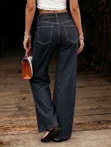 Nuevos jeans rectos con cinturón de mujer, de pierna recta, elásticos, de estilo casual en color negro para primavera - Negro - Ver 3