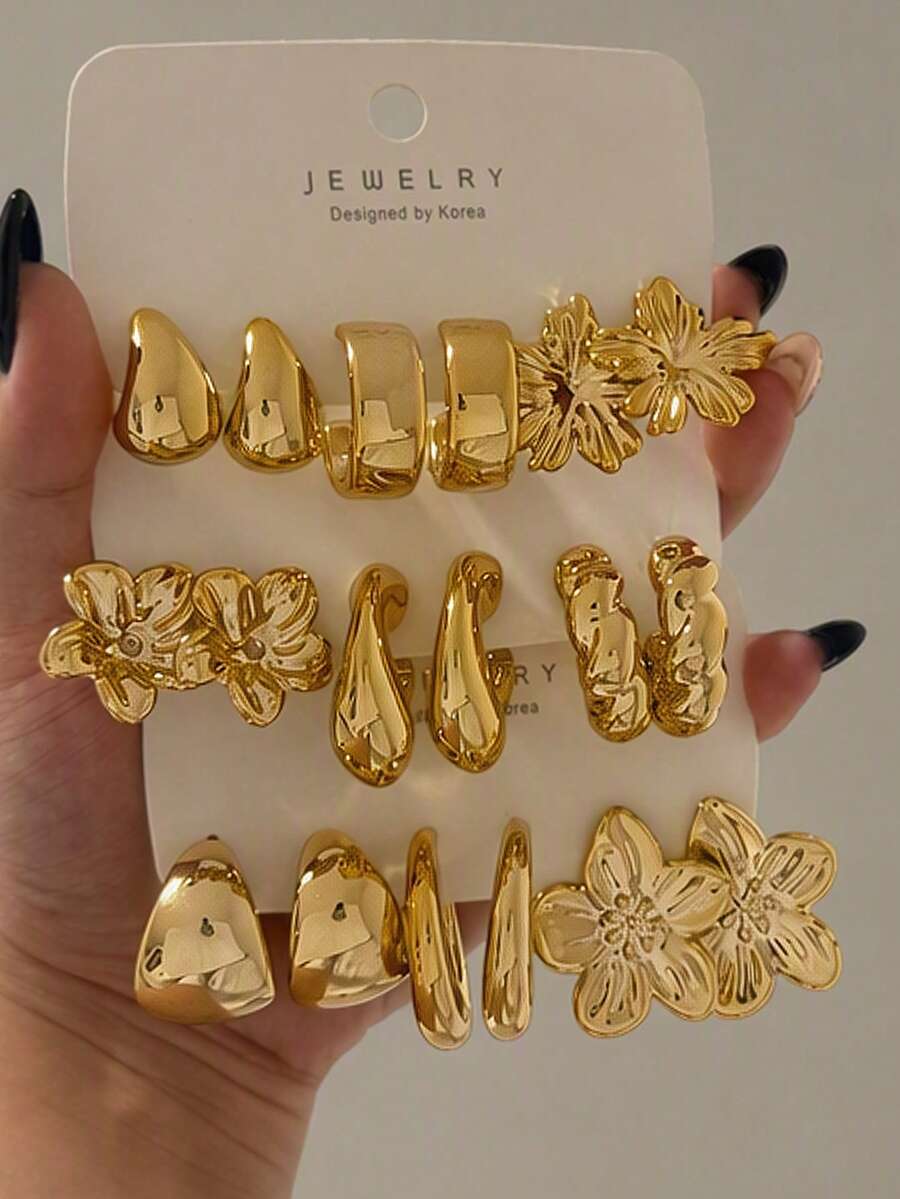 6-18pcs/Set Women's Gold Earrings Set, Flower, Water Drop, Twisted Design, Suitable For Daily Wear, Gift For Friends - Yellow Gold - View 1