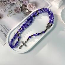 手工紫色天主教玫瑰念珠項鍊附十字架吊墜－女性祈禱與靈性禮物 - 紫色 - 查看 2