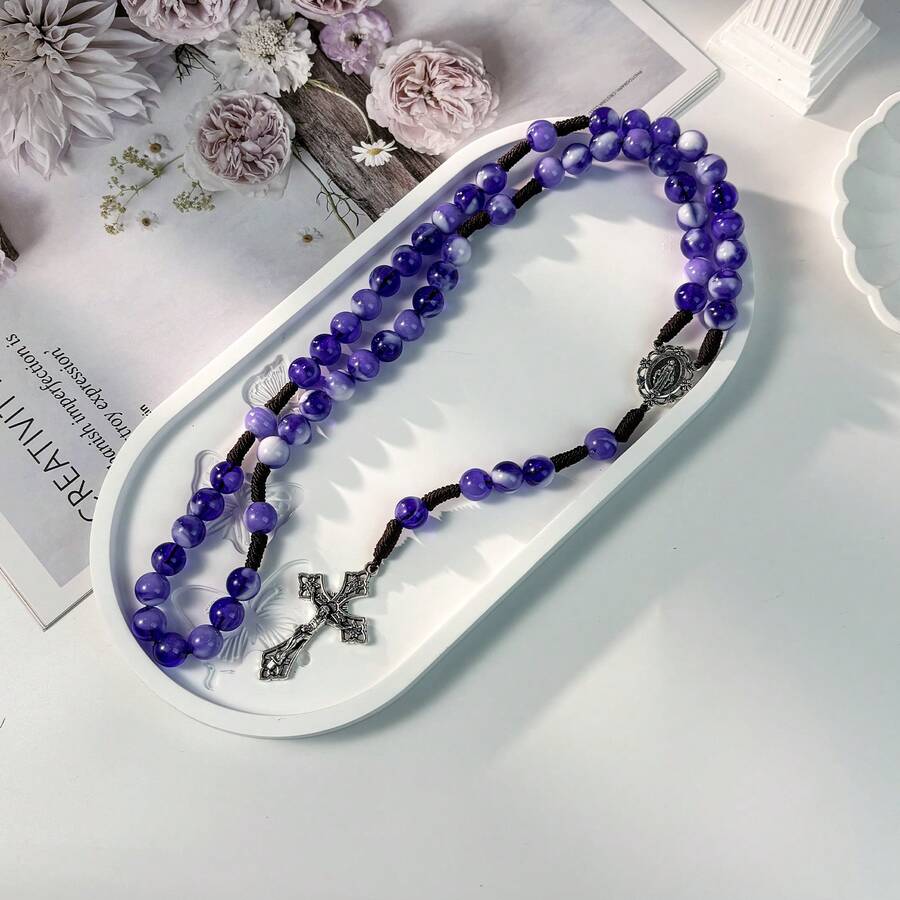 手工紫色天主教玫瑰念珠項鍊附十字架吊墜－女性祈禱與靈性禮物