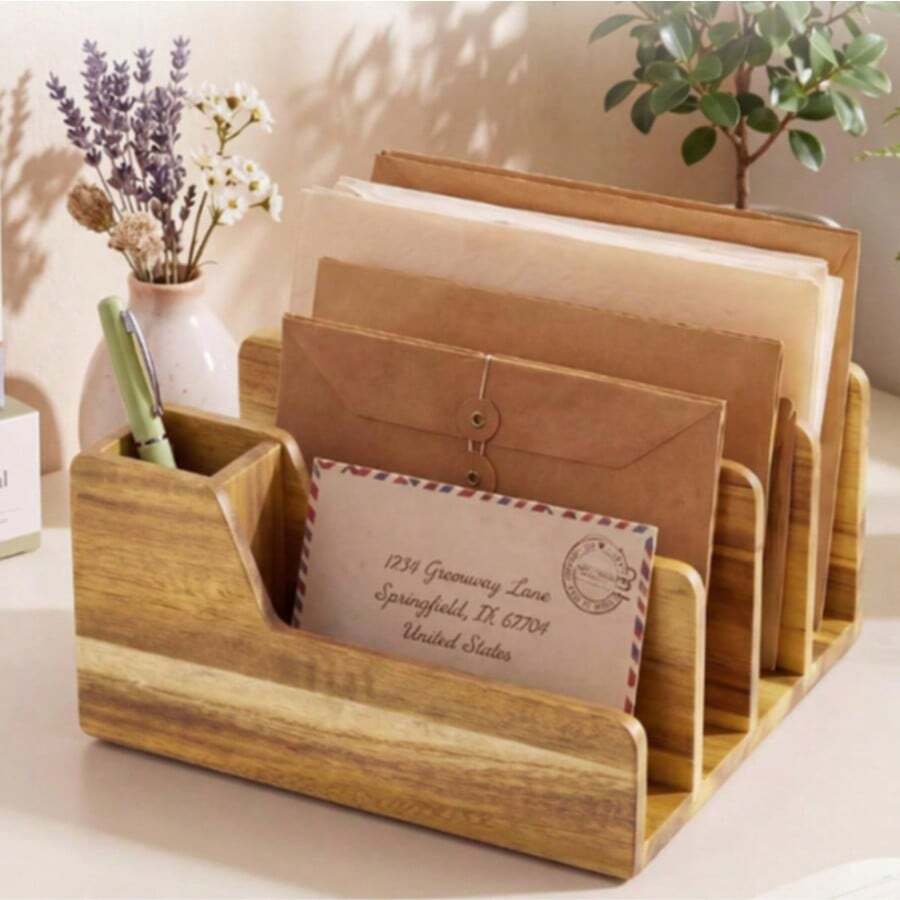 Best-Selling Wooden Desktop Organizer, Multi-Function Pen Holder, Letter & Document Sorting Rack, Home & Office Desk Decor, Size 15*18*8cm - Multicolor - View 1