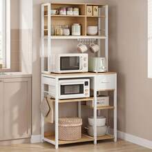 VASAGLE Scaffale da Cucina con Prese, Scaffale per Microonde, Ripiani Regolabili, Cassetto in Tessuto, 12 Ganci, 40 x 80 x 180,8 cm, Bianco Opaco e Rovere Dorato - Bianco opaco e rovere dorato - Visualizzare 9
