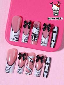 萬聖節 Sanrio Hello Kitty 24片長方型法式穿戴甲，含繃帶 Hello Kitty、幽靈、黑色蝴蝶結、蜘蛛網與愛心設計，適合壓克力假指甲套組，附1片果凍膠與1個指甲锉，適合女孩日常與派對使用 - 彩色 - 查看 3