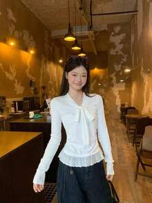 女款蝴蝶結蕾絲飾邊長袖T恤，韓系新風層次感上衣 - 白色 - 查看 4