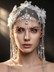 European Vintage Mesh Bridal Headpiece, Long Draping Rhinestone Chain Tassel, Handmade Flower & Pearl Bridal Accessory - Multicolor - View 5