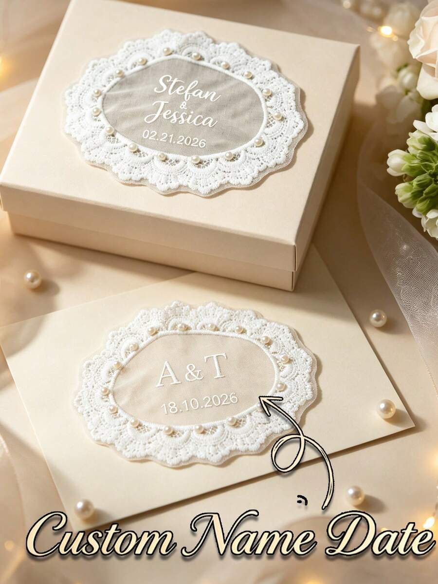 Personalized Lace Wedding Applique, Customized Embroidered Bridal Patch, Personalized Bride Name And Date Patch, Engagement Gif - Multicolor - View 1