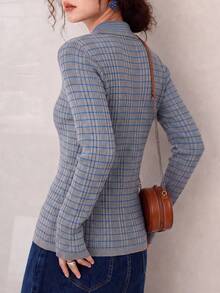Women's Autumn Casual Personalized Thin Striped Collar Cardigan Knit Sweater - Light Grey - View 2