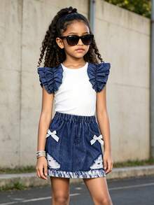 Girl's Summer Two Pieces Set, White Ribbed Top With Vintage Ruffle Bell Sleeves, White Bow Vintage Elastic Waist Skirt, Children's Everyday Casual Wear - Blue and White - View 1