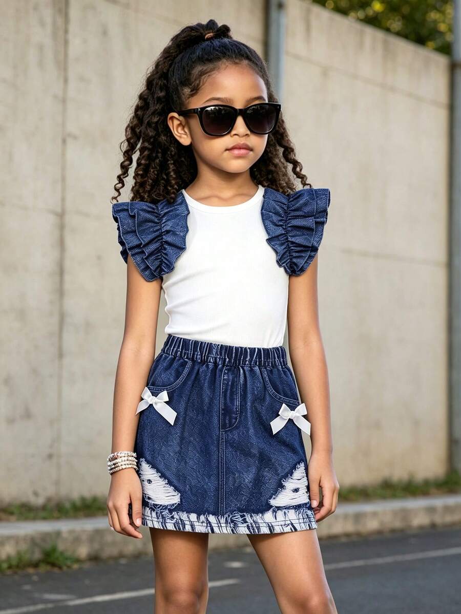 Girl's Summer Two Pieces Set, White Ribbed Top With Vintage Ruffle Bell Sleeves, White Bow Vintage Elastic Waist Skirt, Children's Everyday Casual Wear - Blue and White - View 1