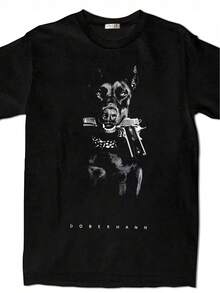 Unisex Black Hip-Hop Style T-Shirt, Doberman Dog Artistic Print, Crew Neck, Short Sleeve, Casual Urban Wear, Machine Washable - Black - View 1