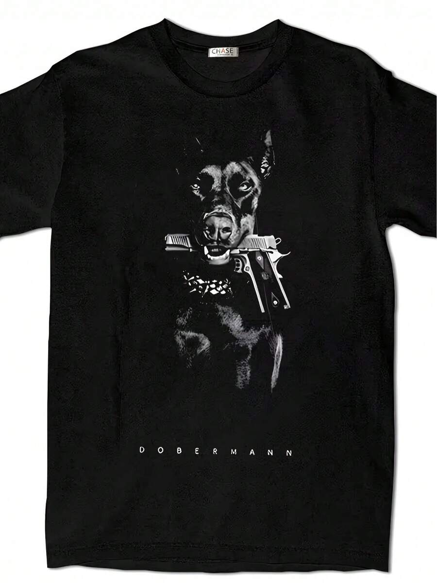 Unisex Black Hip-Hop Style T-Shirt, Doberman Dog Artistic Print, Crew Neck, Short Sleeve, Casual Urban Wear, Machine Washable - Black - View 1