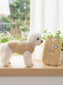 1pc Beige Lamb Fleece Pet Vest With Cute Puppy Patch Embroidery, Plaid Trim Snap Button Dog Clothes With D-Ring For Leash Attachment, Warm Winter Outfit For Small Dogs, Medium Dogs And Cats - Beige - View 1