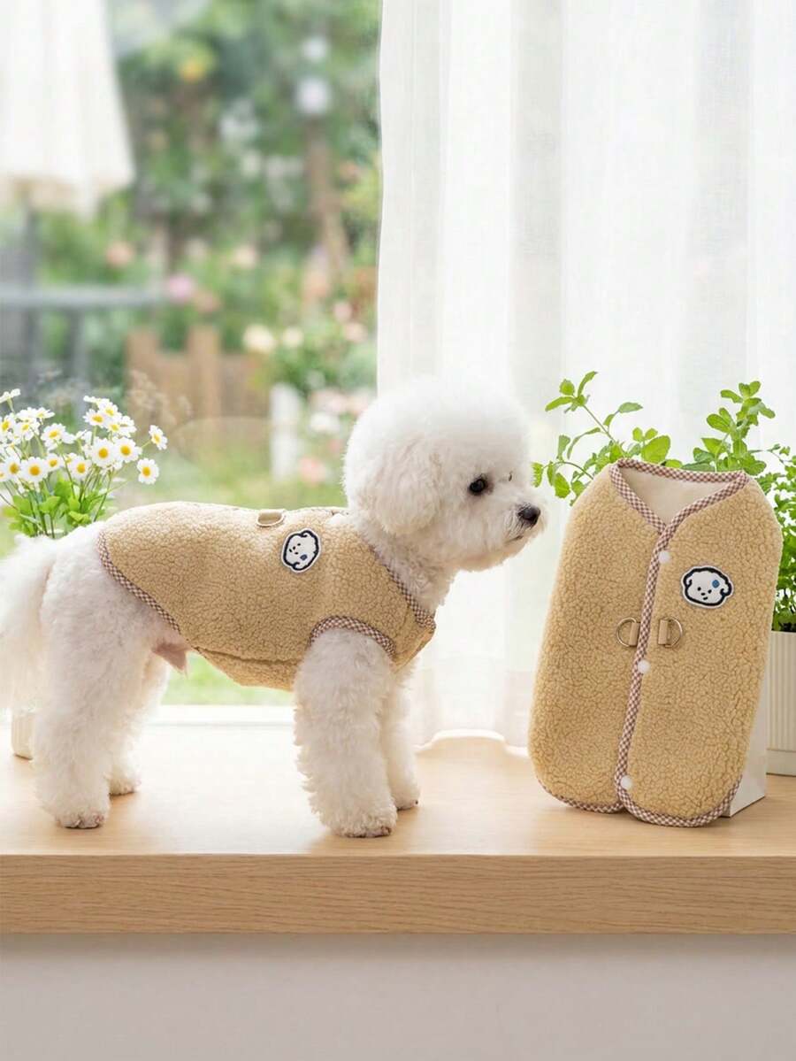 1pc Beige Lamb Fleece Pet Vest With Cute Puppy Patch Embroidery, Plaid Trim Snap Button Dog Clothes With D-Ring For Leash Attachment, Warm Winter Outfit For Small Dogs, Medium Dogs And Cats - Beige - View 1