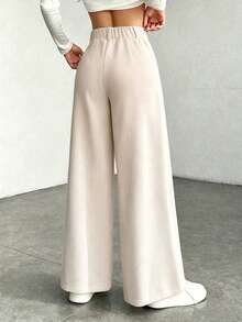 1pc Yaxuan Solid Color Polyester High Waist Loose Wide Leg Pants, Button Pockets Zipper Closure Trousers, Suitable For Daily, Commute, Spring/Summer/Autumn - Deep Apricot Color - View 4