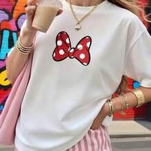 Sophisticated Casual Cotton Tee, Urban Girl Aesthetic, Bold Red Spot Bow Artwork, Weekend Hangouts, Summer Street Women Top - White - View 3