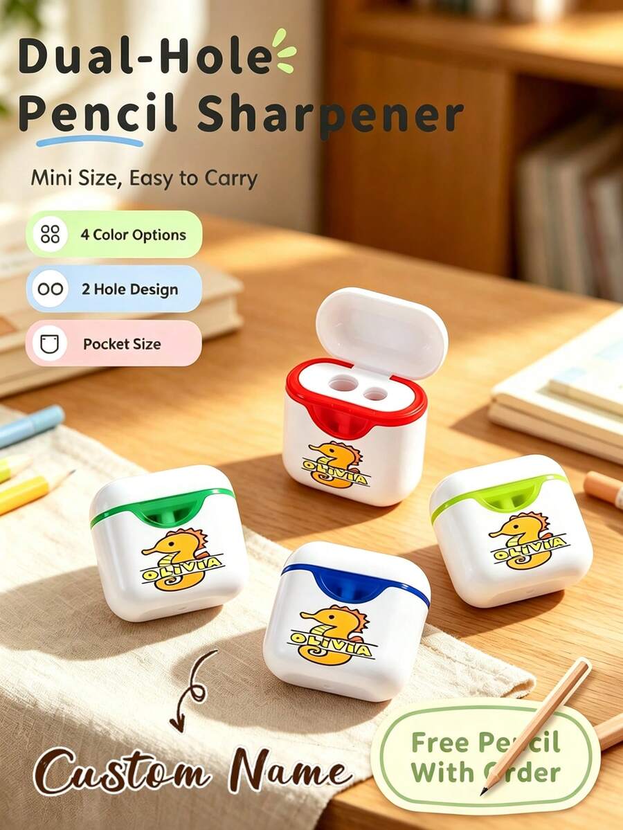 Customized Name Pencil Sharpener With Pencil, Personalized Dual-Hole Manual Pencil Sharpener, Customizable School Supplies, Teacher's Day Gift, Back To School - Multicolor - View 1