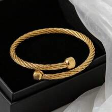 18K Gold Twisted Cable Cuff Bracelet For Women Men, Minimalist Adjustable Open Bangle, Jewelry Gift - Gold - View 3