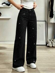 Teen Girl's Loose Fit Washed Wide Leg Pants With Rhinestone Embellishment, Casual Long Pants For Daily Wear - Black - View 3