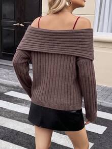 Just Masa Women's Autumn Y2K Casual Elegant Brown Cold Shoulder Folded Collar Pullover Sweater, Solid Color Long Sleeve Ribbed Knit Top, Suitable For Outings And Daily Wear - Khaki - View 2